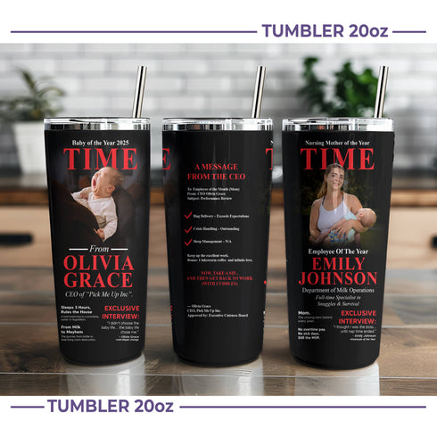 Personalized TIME Magazine Tumbler – Custom Baby & Mom Photo | 20oz Stainless Steel Gift
